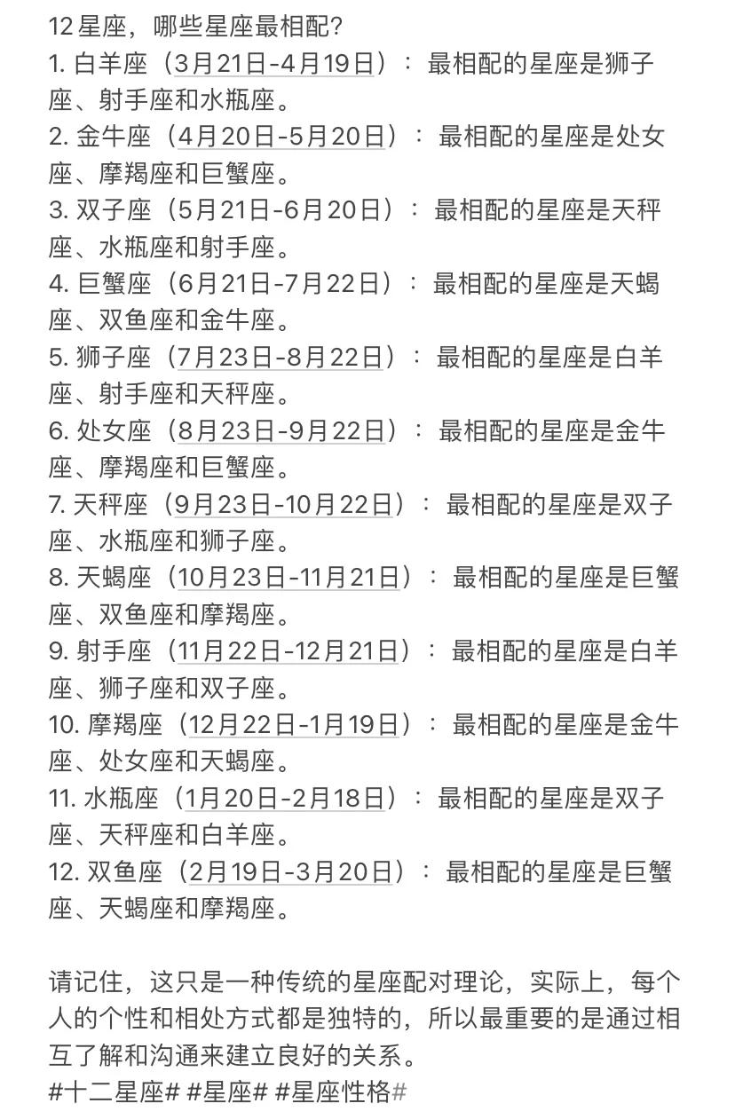 情侣星座匹配度查询(占星大师算出的星座爱情配对结果)