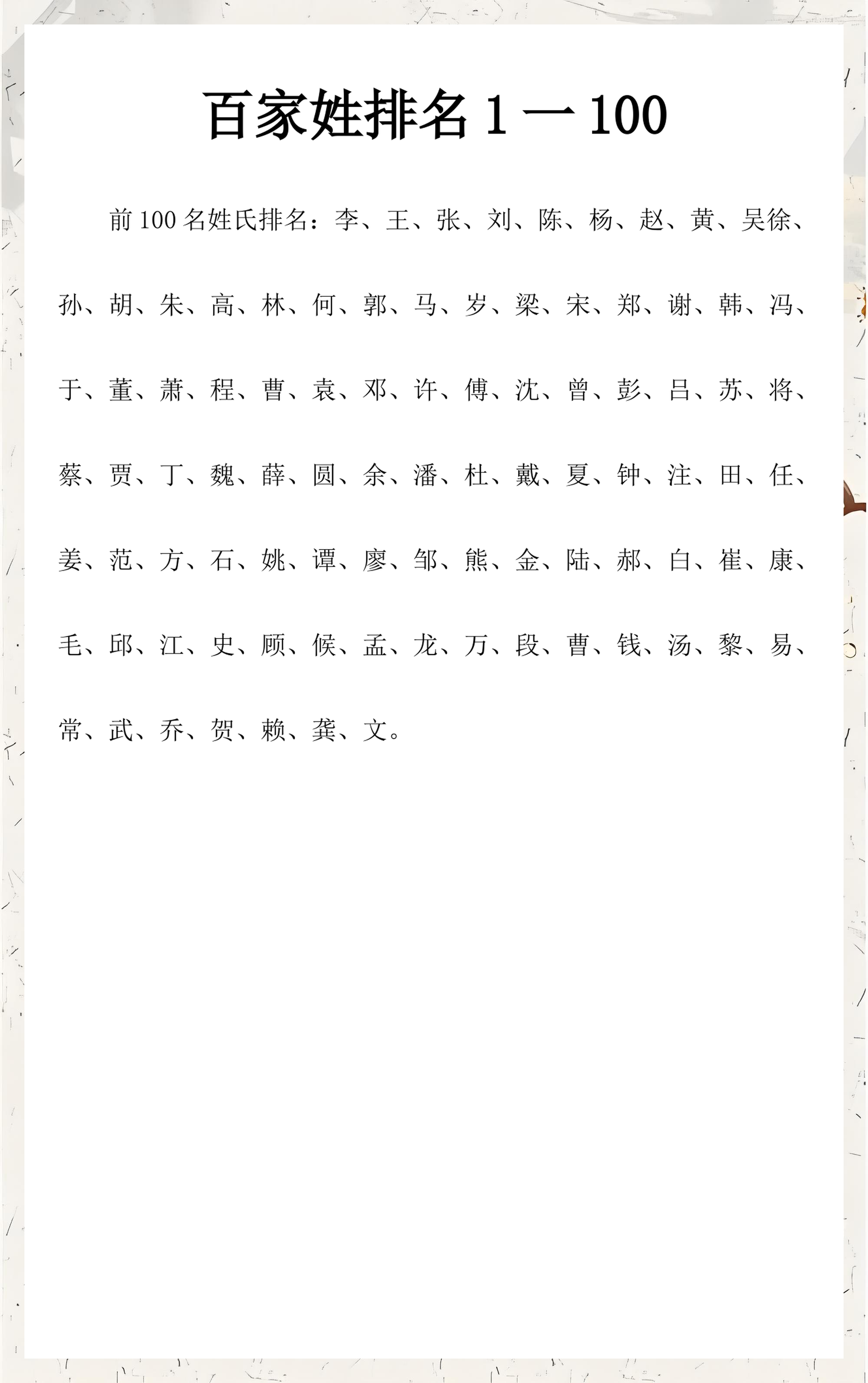 百家姓200名
